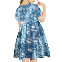 Blue Palaka Hawaii Cowboy Christmas Kid Short Sleeve Dress Paniolo Mix Maile Lei - Polynesian Pride
