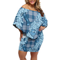 Blue Palaka Hawaii Cowboy Christmas Off Shoulder Short Dress Paniolo Mix Maile Lei - Polynesian Pride