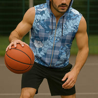 Blue Palaka Hawaii Cowboy Christmas Sleeveless Zip Hoodie Paniolo Mix Maile Lei LT7 - Polynesian Pride