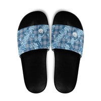 Blue Palaka Hawaii Cowboy Christmas Slide Sandals Paniolo Mix Maile Lei - Polynesian Pride