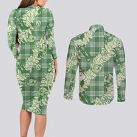 Green Palaka Hawaii Cowboy Christmas Couples Matching Long Sleeve Bodycon Dress and Long Sleeve Button Shirt Paniolo Mix Maile Lei - Polynesian Pride