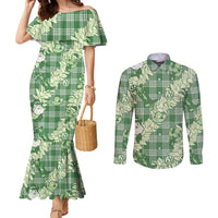 Green Palaka Hawaii Cowboy Christmas Couples Matching Mermaid Dress and Long Sleeve Button Shirt Paniolo Mix Maile Lei - Polynesian Pride