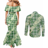 Green Palaka Hawaii Cowboy Christmas Couples Matching Mermaid Dress and Long Sleeve Button Shirt Paniolo Mix Maile Lei - Polynesian Pride