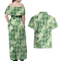Green Palaka Hawaii Cowboy Christmas Couples Matching Off Shoulder Maxi Dress and Hawaiian Shirt Paniolo Mix Maile Lei - Polynesian Pride
