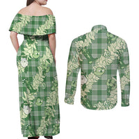 Green Palaka Hawaii Cowboy Christmas Couples Matching Off Shoulder Maxi Dress and Long Sleeve Button Shirt Paniolo Mix Maile Lei - Polynesian Pride