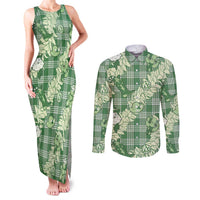 Green Palaka Hawaii Cowboy Christmas Couples Matching Tank Maxi Dress and Long Sleeve Button Shirt Paniolo Mix Maile Lei - Polynesian Pride