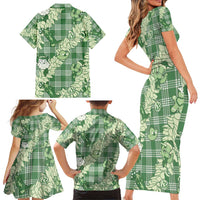 Green Palaka Hawaii Cowboy Christmas Family Matching Short Sleeve Bodycon Dress and Hawaiian Shirt Paniolo Mix Maile Lei - Polynesian Pride