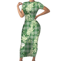 Green Palaka Hawaii Cowboy Christmas Family Matching Short Sleeve Bodycon Dress and Hawaiian Shirt Paniolo Mix Maile Lei - Polynesian Pride