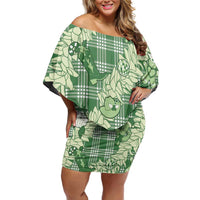 Green Palaka Hawaii Cowboy Christmas Off Shoulder Short Dress Paniolo Mix Maile Lei - Polynesian Pride