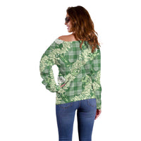 Green Palaka Hawaii Cowboy Christmas Off Shoulder Sweater Paniolo Mix Maile Lei - Polynesian Pride
