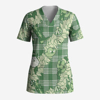 Green Palaka Hawaii Cowboy Christmas Scrub Top Paniolo Mix Maile Lei LT7 Adult Green - Polynesian Pride