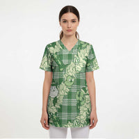 Green Palaka Hawaii Cowboy Christmas Scrub Top Paniolo Mix Maile Lei LT7 - Polynesian Pride