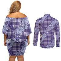 Purple Palaka Hawaii Cowboy Christmas Couples Matching Off Shoulder Short Dress and Long Sleeve Button Shirt Paniolo Mix Maile Lei - Polynesian Pride