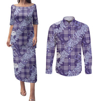 Purple Palaka Hawaii Cowboy Christmas Couples Matching Puletasi and Long Sleeve Button Shirt Paniolo Mix Maile Lei - Polynesian Pride