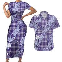 Purple Palaka Hawaii Cowboy Christmas Couples Matching Short Sleeve Bodycon Dress and Hawaiian Shirt Paniolo Mix Maile Lei - Polynesian Pride