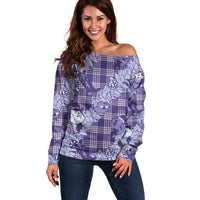 Purple Palaka Hawaii Cowboy Christmas Off Shoulder Sweater Paniolo Mix Maile Lei - Polynesian Pride