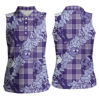 Purple Palaka Hawaii Cowboy Christmas Women Sleeveless Polo Shirt Paniolo Mix Maile Lei - Polynesian Pride