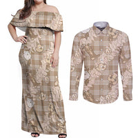 Khaki Palaka Hawaii Cowboy Christmas Couples Matching Off Shoulder Maxi Dress and Long Sleeve Button Shirt Paniolo Mix Maile Lei - Polynesian Pride