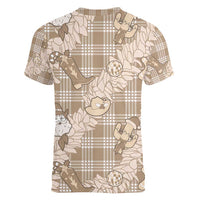 Khaki Palaka Hawaii Cowboy Christmas Women V-Neck T-Shirt Paniolo Mix Maile Lei - Polynesian Pride