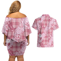 Pink Palaka Hawaii Cowboy Christmas Couples Matching Off Shoulder Short Dress and Hawaiian Shirt Paniolo Mix Maile Lei - Polynesian Pride