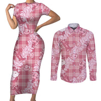 Pink Palaka Hawaii Cowboy Christmas Couples Matching Short Sleeve Bodycon Dress and Long Sleeve Button Shirt Paniolo Mix Maile Lei - Polynesian Pride