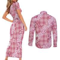 Pink Palaka Hawaii Cowboy Christmas Couples Matching Short Sleeve Bodycon Dress and Long Sleeve Button Shirt Paniolo Mix Maile Lei - Polynesian Pride