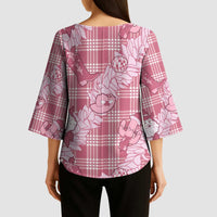 Pink Palaka Hawaii Cowboy Christmas Kimono Sleeve Blouse Paniolo Mix Maile Lei - Polynesian Pride