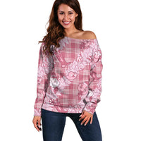 Pink Palaka Hawaii Cowboy Christmas Off Shoulder Sweater Paniolo Mix Maile Lei - Polynesian Pride
