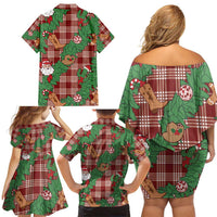Red Palaka Hawaii Cowboy Christmas Family Matching Off Shoulder Short Dress and Hawaiian Shirt Paniolo Mix Maile Lei - Polynesian Pride