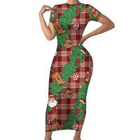 Red Palaka Hawaii Cowboy Christmas Short Sleeve Bodycon Dress Paniolo Mix Maile Lei - Polynesian Pride