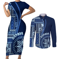 Samoa Siapo Motif Couples Matching Short Sleeve Bodycon Dress and Button Shirt - Classic Style Blue Ver LT7 Blue - Polynesian Pride
