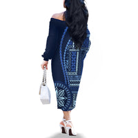 Samoa Siapo Motif Family Matching Off Shoulder Long Sleeve Dress and Hawaiian Shirt Classic Style - Bue Ver LT7 - Polynesian Pride