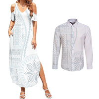 Samoa White Sunday Couples Matching Summer Maxi Dress and Long Sleeve Button Shirt Classic Siapo Style LT7 White - Polynesian Pride
