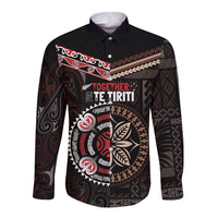 Aotearoa and Samoa Together For Te Tiriti Long Sleeve Button Shirt Kowhaiwhai Mix Siapo LT7 Unisex Black - Polynesian Pride