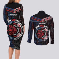 Aotearoa and Samoa Together For Te Tiriti Couples Matching Long Sleeve Bodycon Dress and Long Sleeve Button Shirt Kowhaiwhai Mix Siapo - Flag Color