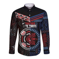 Aotearoa and Samoa Together For Te Tiriti Long Sleeve Button Shirt Kowhaiwhai Mix Siapo - Flag Color LT7 Unisex Black - Polynesian Pride