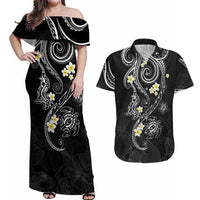 Polynesia Tribal Couples Matching Off Shoulder Maxi Dress and Hawaiian Shirt Tentacles Plumeria LT7 Black - Polynesian Pride