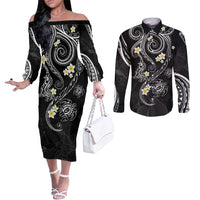 Polynesia Tribal Couples Matching Off The Shoulder Long Sleeve Dress and Long Sleeve Button Shirt Tentacles Plumeria LT7 Black - Polynesian Pride