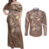 Polynesia Tribal Couples Matching Off Shoulder Maxi Dress and Long Sleeve Button Shirt Mocha Plumeria Tentacles LT7 Mocha - Polynesian Pride