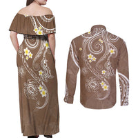 Polynesia Tribal Couples Matching Off Shoulder Maxi Dress and Long Sleeve Button Shirt Mocha Plumeria Tentacles LT7 - Polynesian Pride