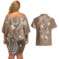 Polynesia Tribal Couples Matching Off Shoulder Short Dress and Hawaiian Shirt Mocha Plumeria Tentacles LT7 - Polynesian Pride