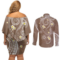 Polynesia Tribal Couples Matching Off Shoulder Short Dress and Long Sleeve Button Shirt Mocha Plumeria Tentacles LT7 - Polynesian Pride