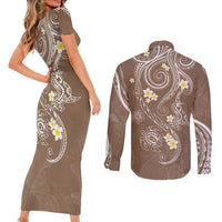 Polynesia Tribal Couples Matching Short Sleeve Bodycon Dress and Long Sleeve Button Shirt Mocha Plumeria Tentacles