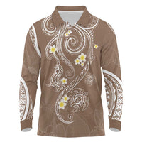 Polynesia Tribal Long Sleeve Polo Shirt Mocha Plumeria Tentacles