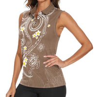 Polynesia Tribal Women Sleeveless Polo Shirt Mocha Plumeria Tentacles