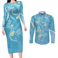 Polynesia Tribal Couples Matching Long Sleeve Bodycon Dress and Long Sleeve Button Shirt Turquoise Plumeria Tentacles LT7 Turquoise - Polynesian Pride