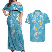Polynesia Tribal Couples Matching Off Shoulder Maxi Dress and Hawaiian Shirt Turquoise Plumeria Tentacles LT7 Turquoise - Polynesian Pride