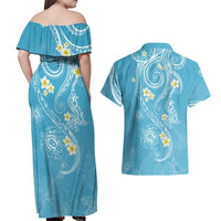 Polynesia Tribal Couples Matching Off Shoulder Maxi Dress and Hawaiian Shirt Turquoise Plumeria Tentacles LT7 - Polynesian Pride