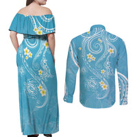 Polynesia Tribal Couples Matching Off Shoulder Maxi Dress and Long Sleeve Button Shirt Turquoise Plumeria Tentacles LT7 - Polynesian Pride