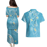 Polynesia Tribal Couples Matching Puletasi and Hawaiian Shirt Turquoise Plumeria Tentacles LT7 - Polynesian Pride